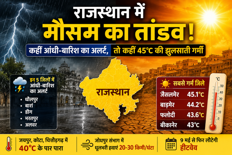 राजस्थान में मौसम का तांडव ! कहीं बारिश-आंधी, तो कहीं 45°C की झुलसाती गर्मी